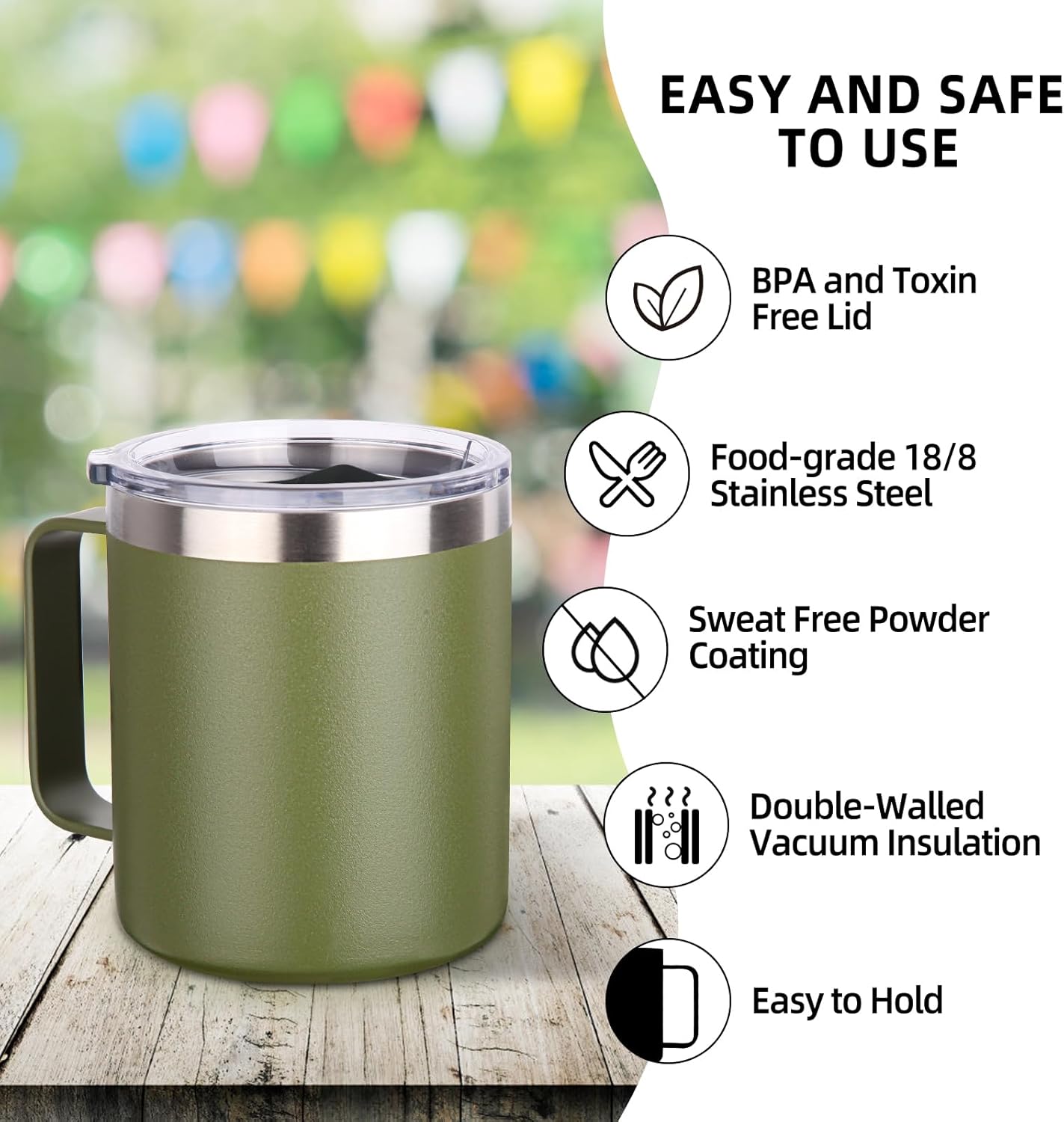 Volhoply 14oz Insulated Stainless Steel Coffee Mug with Leakproof Lid,Double Wall Vacuum Travel Coffee Cup with Handle,Reusable Cups Tumbler,Camping Mugs Keep Hot,Ideal Gifts(Army Green,1)