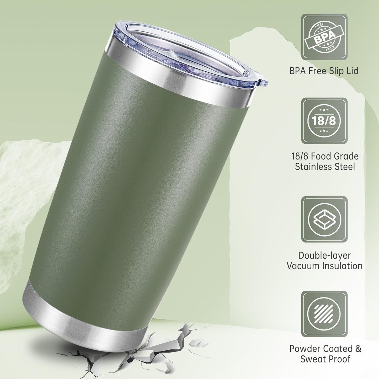 20 oz Tumblers Bulk Stainless Steel Tumbler with Lid Double Wall Vacuum Insulated Coffee Mug 20oz Powder Coated Cup for Hot and Cold Drinks, Army Green, 6 pack