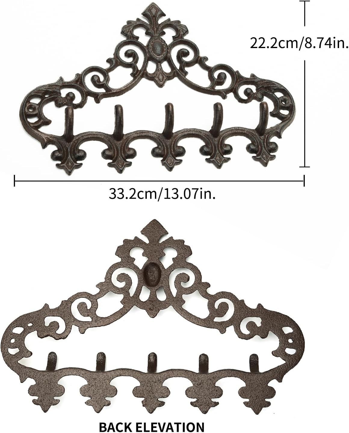Sungmor Cast Iron Rustic Coat Hook Hanger with 5 Hooks - Practical Iron Storage Organizer/Wall Hooks Hanging Rack - Pretty Pattern Charming Wall Decor for Keys Clothes Hats