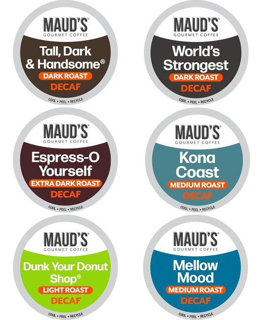 Maud's Decaf Coffee Pods Variety Pack, 54 ct, 6 Assorted Roasts & Flavors, Decaf Dark & Medium Roast Coffee in Recyclable Single Serve Pods - 100% Arabica Coffee, Compatible with Keurig K Cups Maker