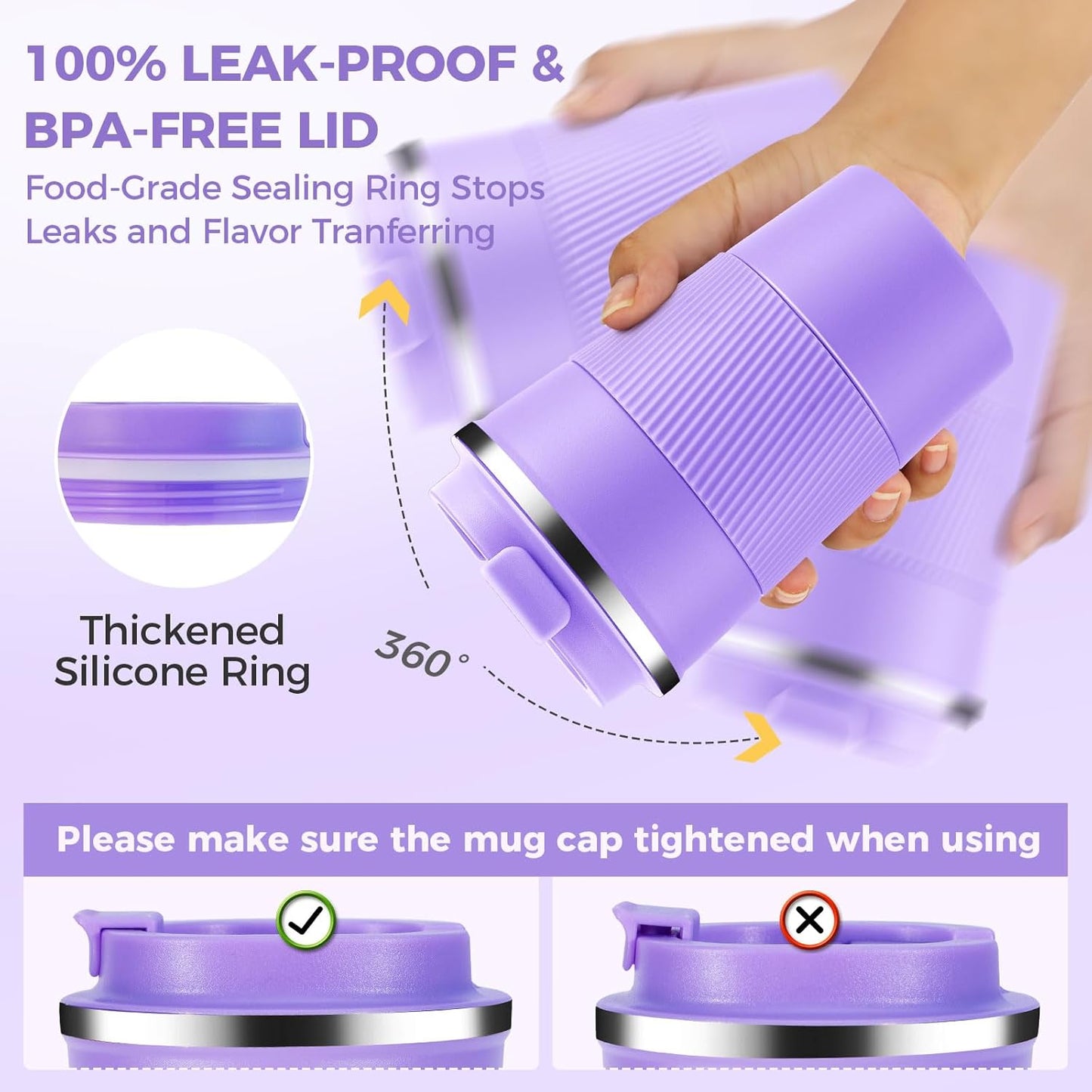 Volhoply 13 oz Stainless Steel Insulated Travel Coffee Mug with Fip Lid Bulk 4 Pack,Reusable Double Wall Vacuum Metal Coffee Cup,Portable Leak Proof Thermal Tumbler for Hot & Cold Drinks(Purple,4)