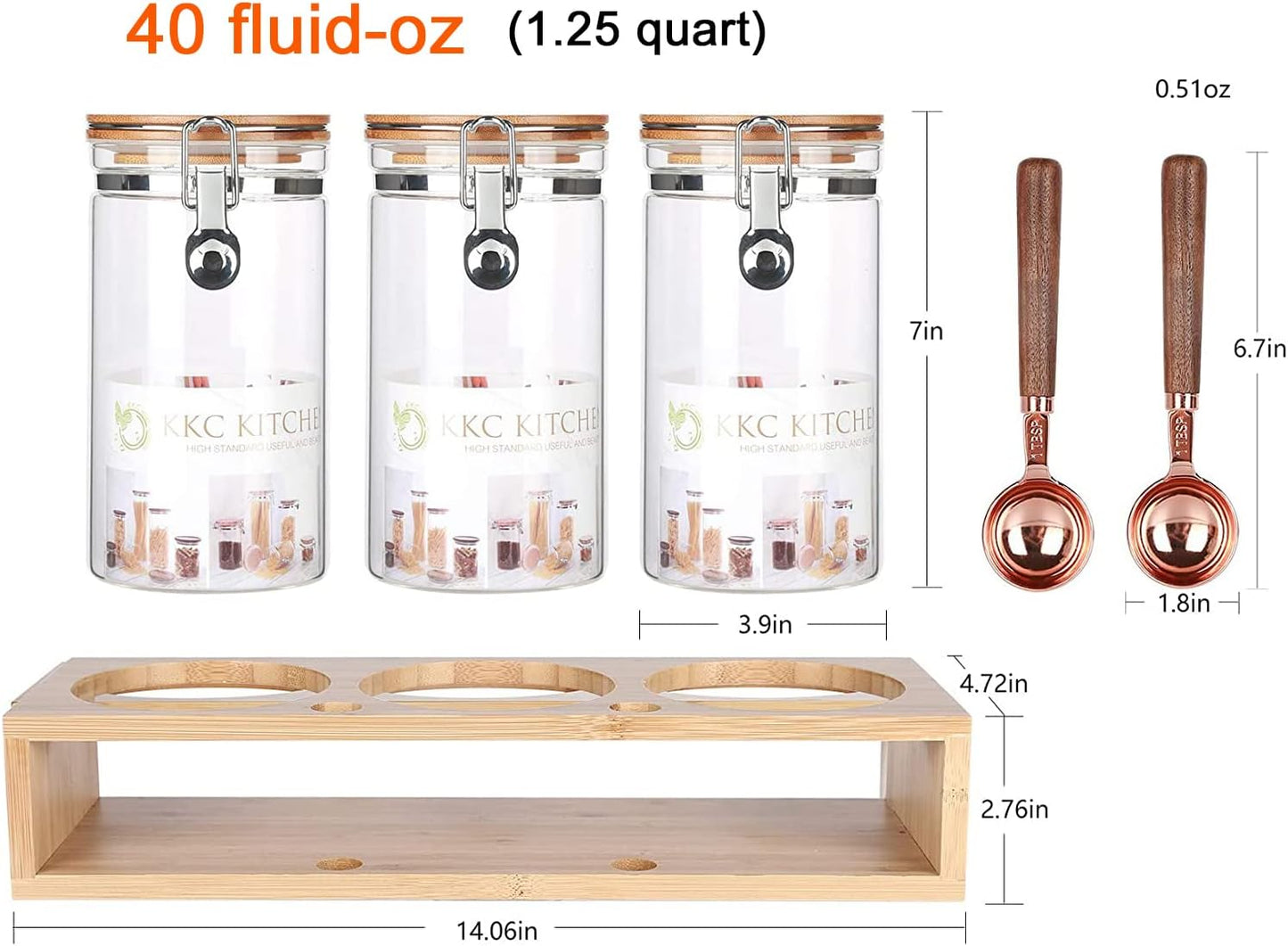 KKC Glass Airtight Coffee Bean Storage Containers for Counter,Ground Coffee Holder Jars,Airtight Glass Countertop Storage Jar Canisters with Spoon for Coffee,Loose Tea,40 Fluid-oz,Pack of 3