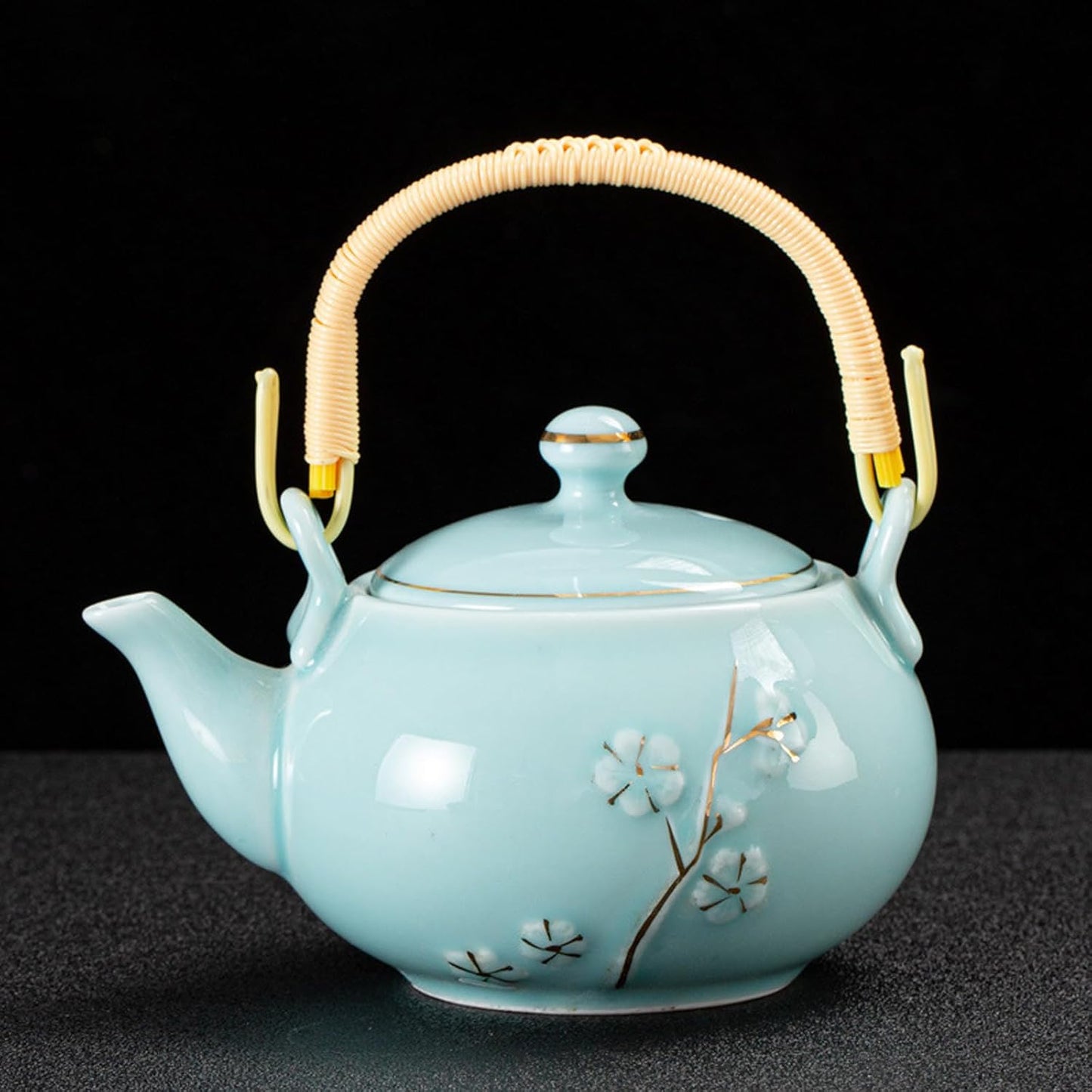 KEYDUACU Japanese Tea Set, Celadon Ceramic Tea Set, Plum Blossom Embossed, Includes 1 Teapot, 6 Anti-scald Teacups,Tea Tray,Strainer, Home, Outdoor, Gift, Chinese Kung Fu Tea Set(FDMH-FT-CYAN)