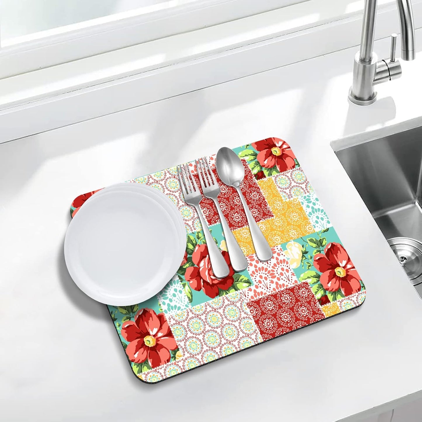 Rubber Dish Drying Mat for Kitchen Counter Large Boho Flowers Washable Quick Home Coffee Pad Fit Under Sink,Bar,Utensils 16x18in