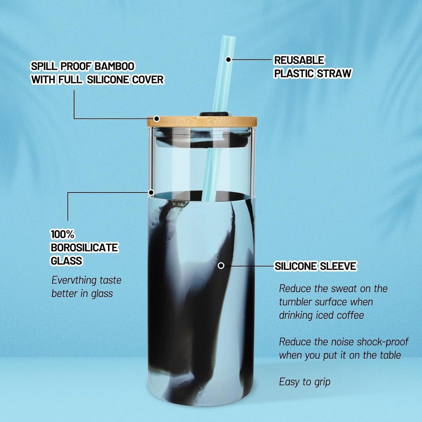 Tronco 20 oz Glass Tumbler with Straw and Lid- Glass Cup with Lid and Straw, Iced Coffee Cup Reusable, Smoothie Cups, Bamboo Lid and Protective Silicone Sleeve - BPA-Free