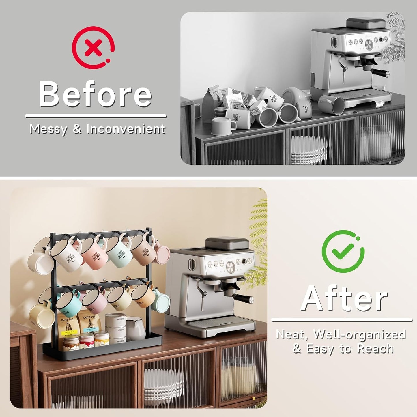 Coffee Mug Holder for Countertop 20 Hooks Mug Tree Rack 2 Tier Counter Cups Mugs Display Stand with Heavy Duty Metal Storage Base for K Cup Kitchen Tea Coffee Bar