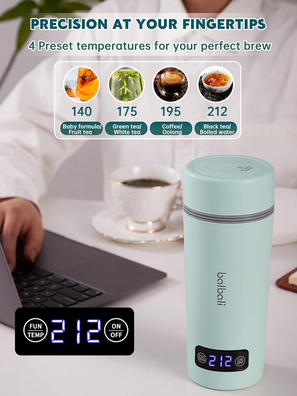 balbali Dual Voltage Travel Kettle 100-250V - 12oz Portable Water Boiler/Warmer/Heater for Boiling Water - 4 Preset Temperature Control Portable Tea Kettle Electric Travel - Green