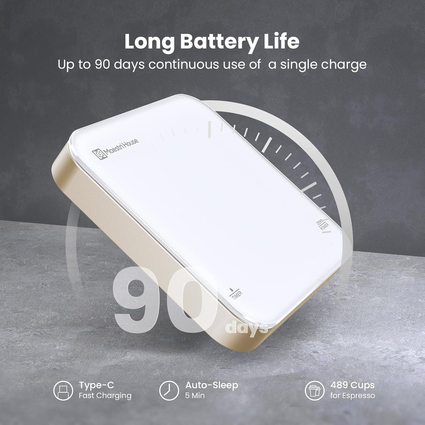 Rechargeable Mini Coffee Scale with Timer, Maestri House Espresso Scale, 2kg/0.1g Accurate Scale for Espresso and Pour-Over Coffee, Portable Digital Kitchen Scale with Automatic Timing（White&Glod）