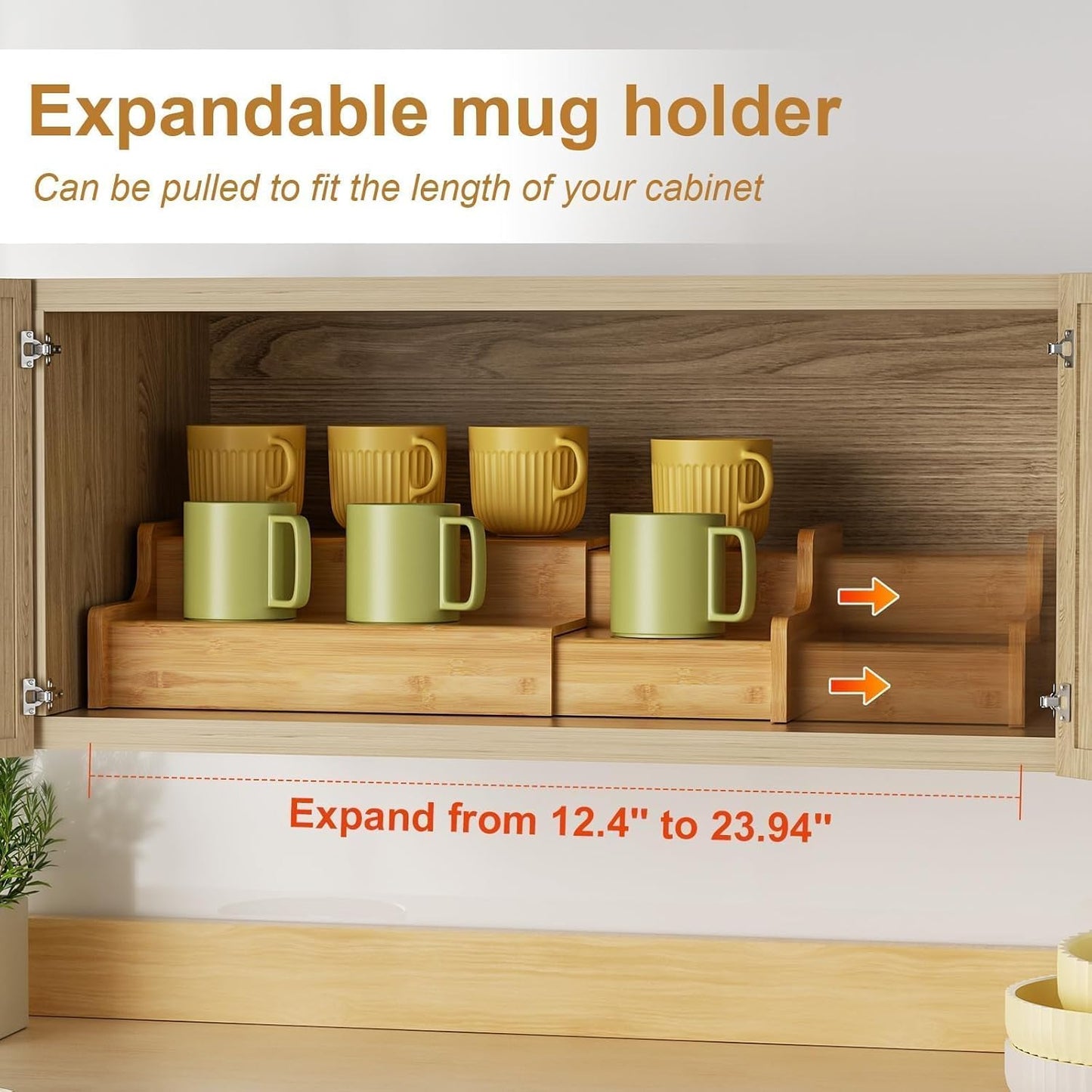 2-Tier Expandable Coffee Mug Holder, Mug Organizer for Kitchen Cabinets, Bamboo Mug Cup Rack, Multi-Functional Cup Holder Shelf, Coffee Bar Organizer, Home