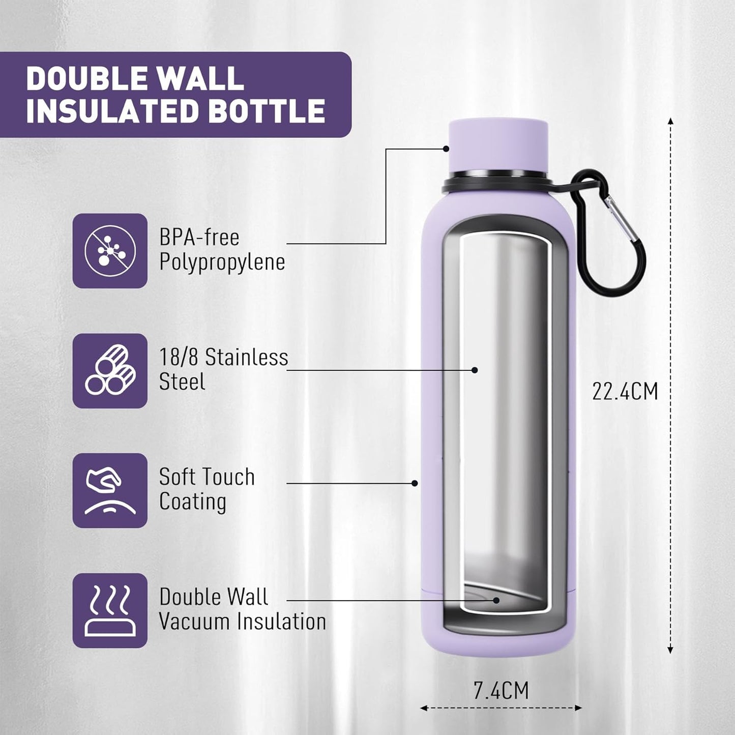 Slim Insulated Water Bottles for Travel 18oz with Clip, Double Wall Vacuum Stainless Steel Water Bottle Keeps Drinks Cold 24 Hrs/Hot 12 Hrs, 100% Leakproof, BPA Free(Purple)