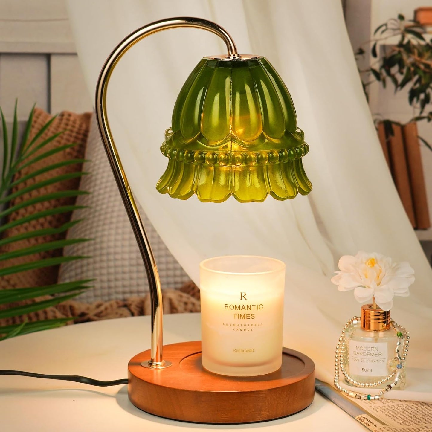 Dimmable Candle Warmer Lamp with Timer, Green Flower Candle Lamp Warmer for Jar Candles, Unique Women Mom Birthday Gifts Ideas, Fall Decor for Home Bedroom Living Room