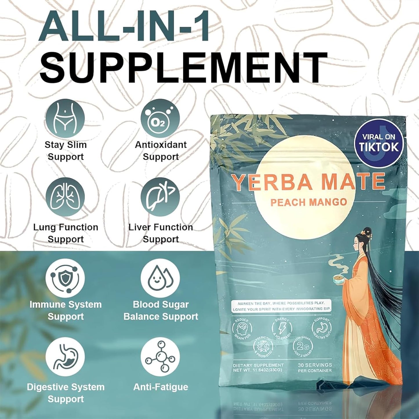 Yerba Mate Instant Tea Powder, 3-in-1 Super Drink - Clean Energy, Brain Fog Buster | Pure Natural Extract, Focus and Gut Health Support, Yerba Mate Peach Mango 0.72 lb