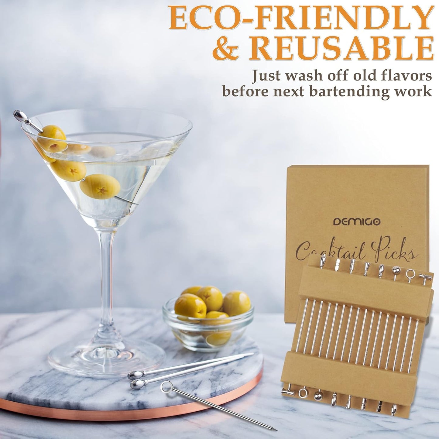 DEMIGO Cocktail Picks 16pcs, 8 New Styles Stainless Steel Reusable Olive Stuffers Martini Pick set Fruit Toothpick Garnish Skewers Appetizer Drink Stick for Bar party, Barbeque Snack, Club sandwiches