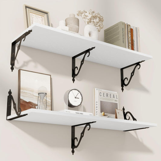 RICHFOCUS 12 Inch Deep Floating Shelves for Wall, 36" W x 12" D Wood Wall Shelves Set of 2, Wide Floating Shelves for Living Room, Bedroom, Kitchen, Bathroom and Decor Storage, White