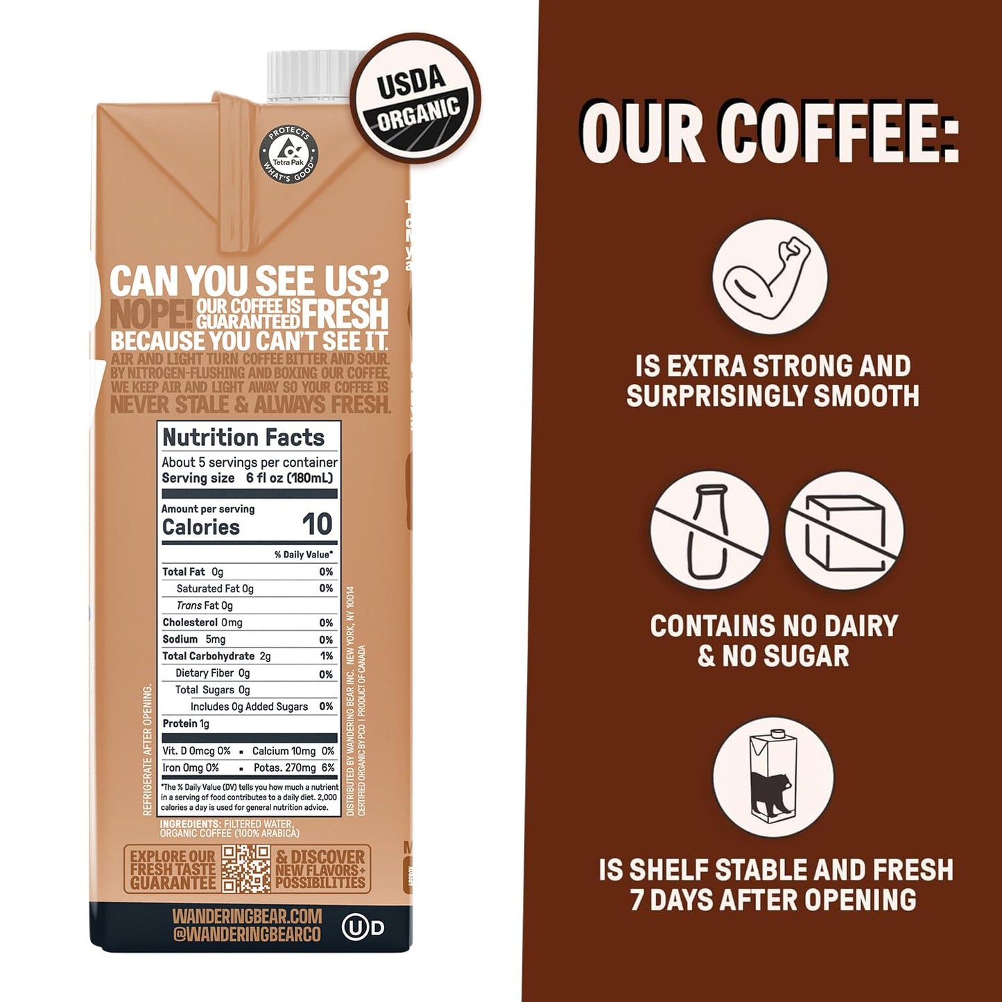 Wandering Bear Straight Black Organic Cold Brew Coffee, 32 fl oz, 6 pack - Extra Strong, Bold, Smooth, Unsweetened, Shelf-Stable, Ready to Drink, 100% Organic, Iced Cold Brewed Coffee Drinks