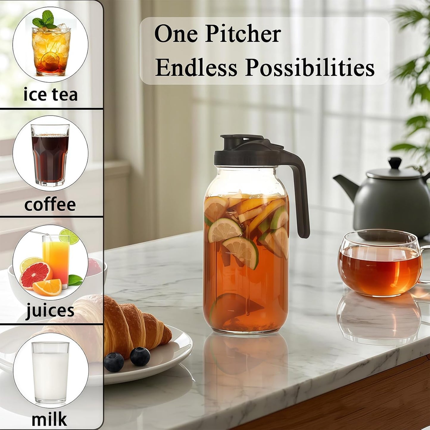 64oz Glass Pitcher Carafes With Handle and Lid, 2 Quart Mason Jar, Large Water Jug, Glass Containers for Fridge, Water Pitcher for Juice, Iced & Sun Tea, Cold Brew Coffee, Homemade Beverage