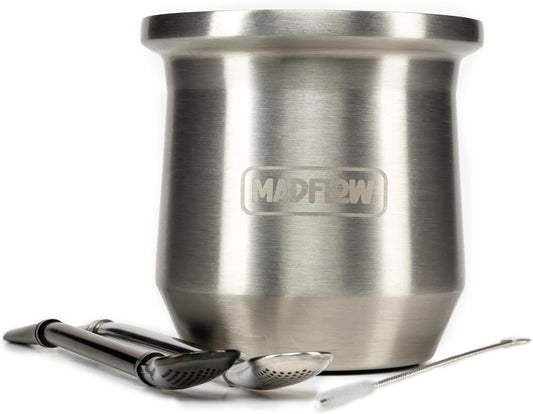 MADFLOW Yerba Mate Cup. Stainless Steel Mate Cup with 2 Bombillas. Double Wall Vacuum Insulated Yerba Mate Gourd. Unique Mate Cup And Bombilla Set