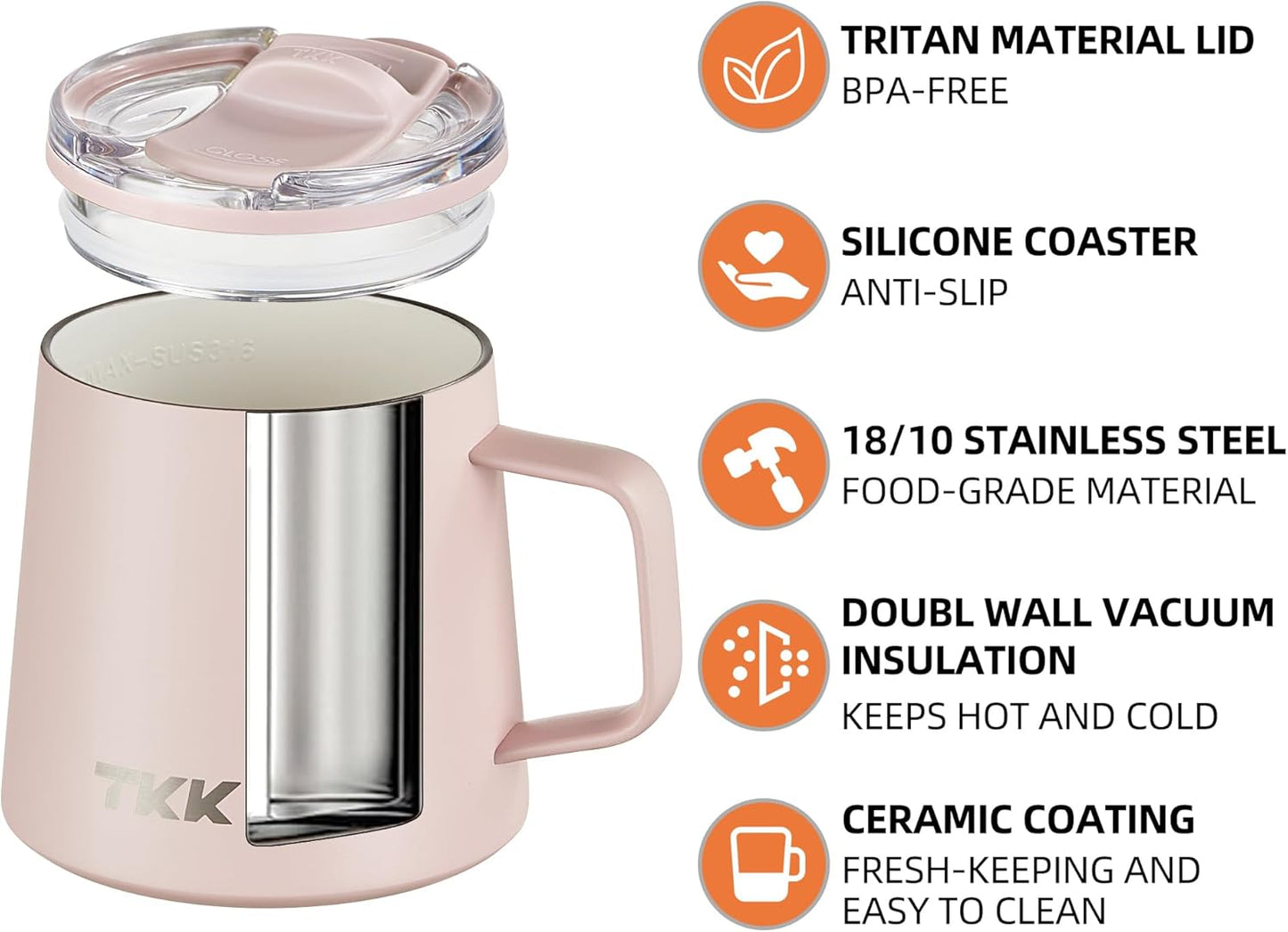 TKK 12 oz Insulated Coffee Mug with Handle Ceramic Coating Detachable Slider Lid Stainless Steel Tumbler Double Wall Vacuum Travel Cup