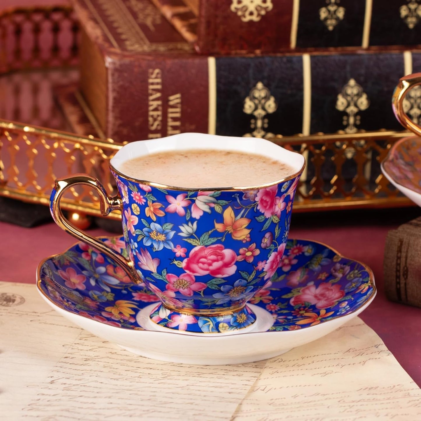 KAMMAK Tea Cups and Saucers Set of 2, Porcelain Coffee Cups with Saucer for Espresso, Cappuccino, 6.3oz Vintage Gold and Blue Ceramic Demitasse Mug for Home, Tea Party, Office