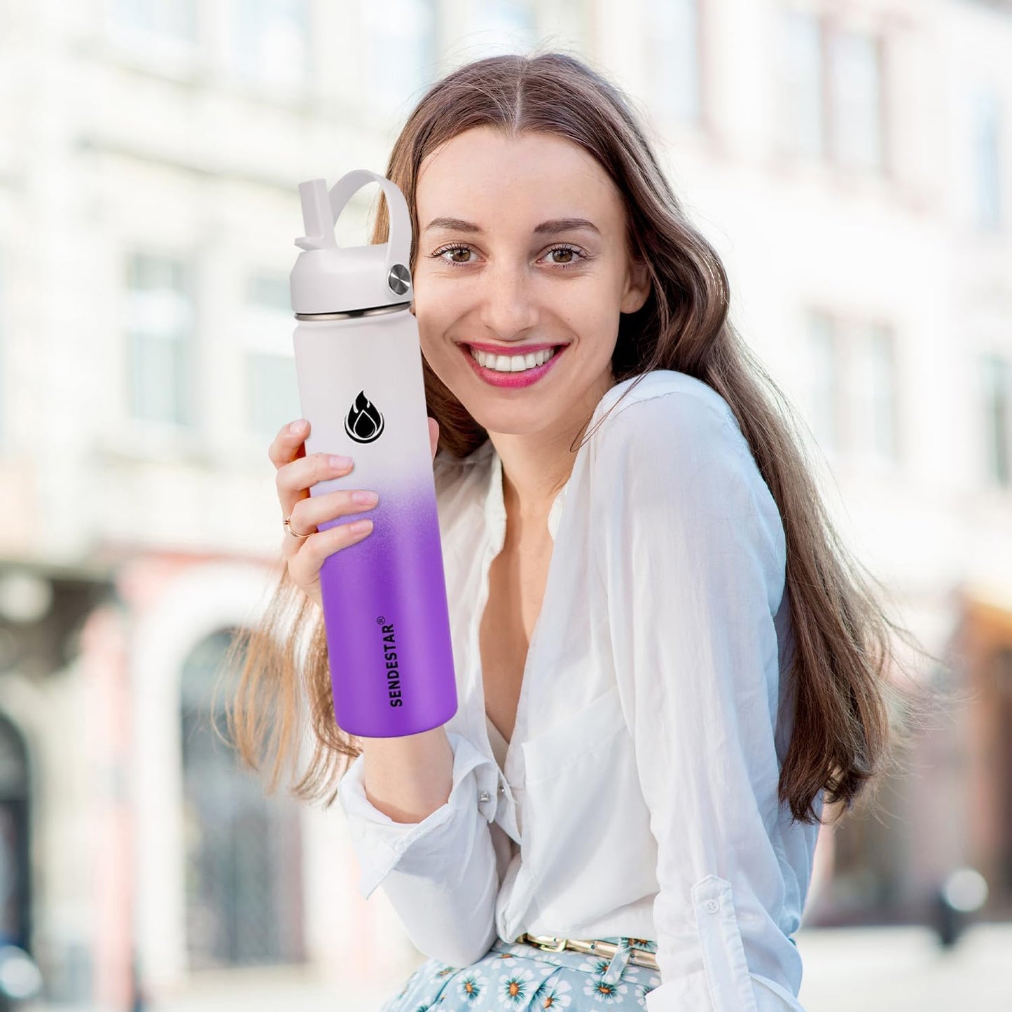 SENDESTAR Water Bottle 40oz Double Wall Vacuum Insulated Leak Proof Stainless Steel Sports Water Bottle—Wide Mouth with New Flex Straw Lid & Spout Lid (White&Voilet)