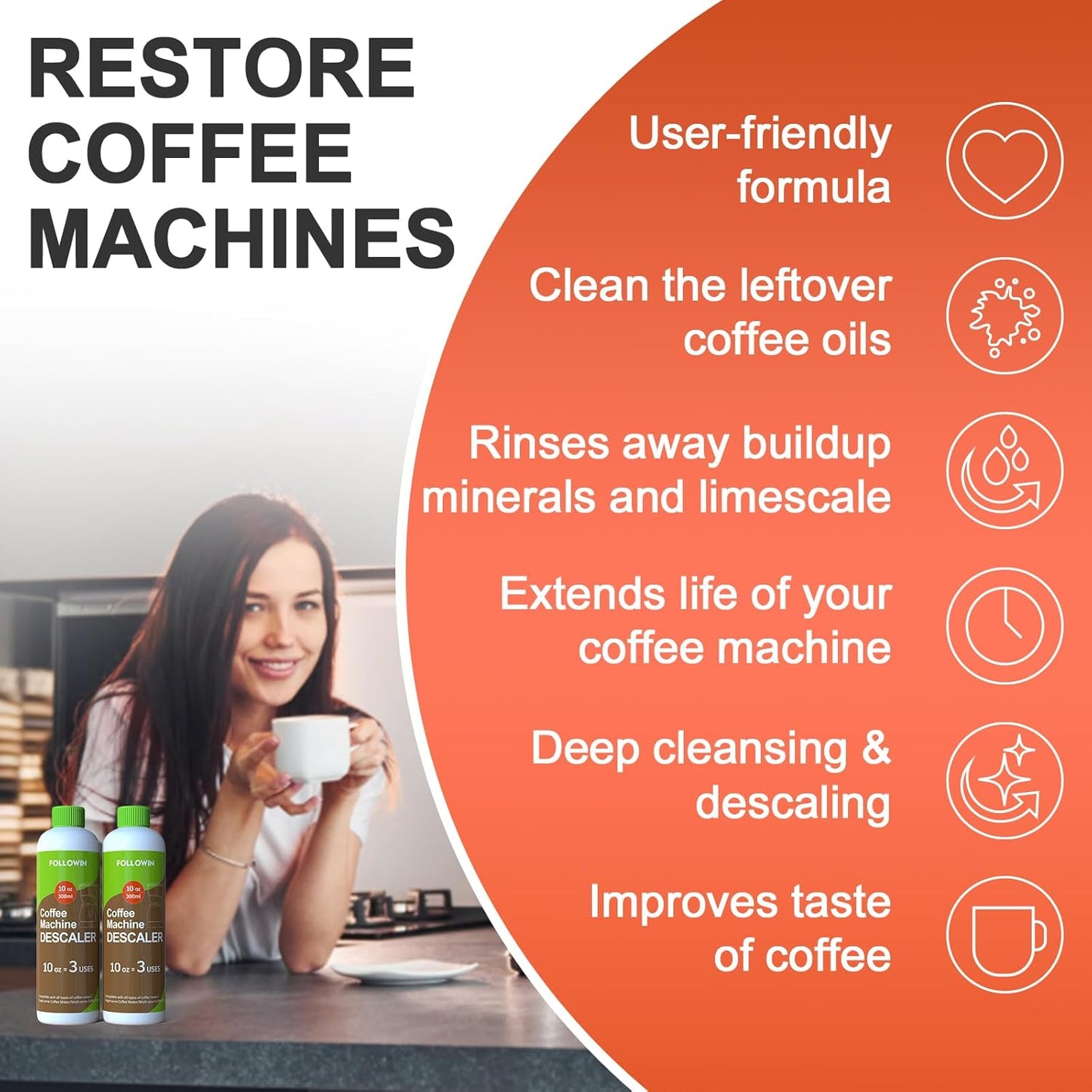 FOLLOWIN Coffee Machine Cleaner and Descaler,Espresso Coffee Maker Cleaner(2 Pack & 6 Uses),Descaling Solution for Espresso Machines and Single Use Coffee Maker