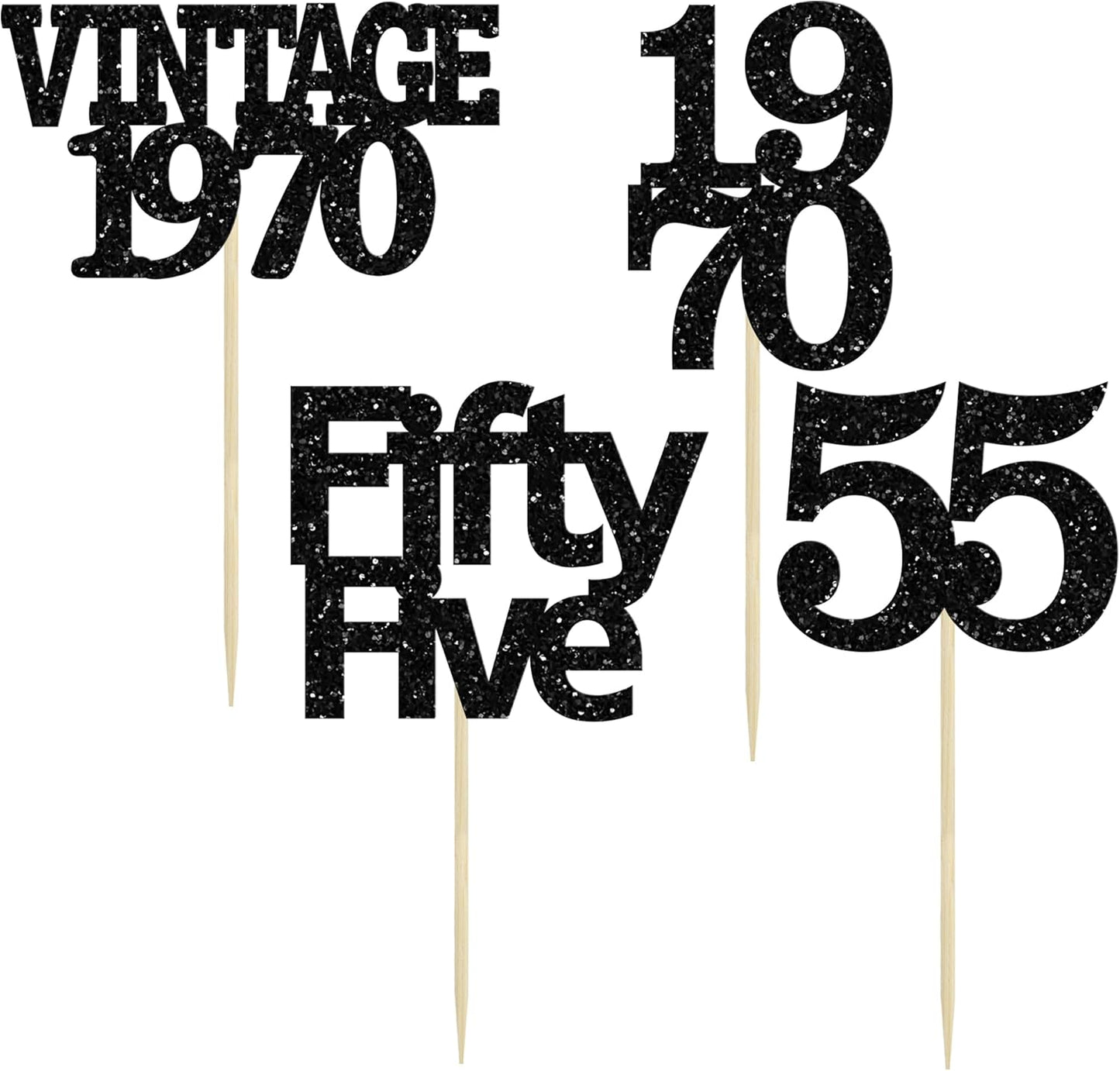 Gyufise 24Pcs Vintage 1970 Cupcake Toppers Glitter Cheers to 55 Fabulous Fifty Five Cupcake Picks 55th Birthday Wedding Anniversary Party Cake Decorations Supplies Black
