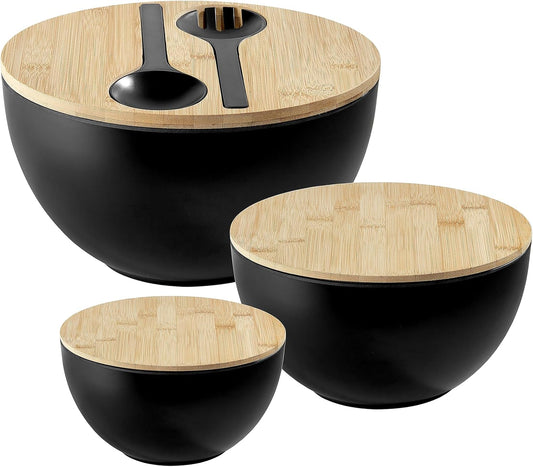 Large Salad Bowls with Bamboo Lids Set of 3, Mixing Nesting Bowls Round Serving Bowls with Servers for Salads, Kitchen Eating, Pastas, Popcorn, Chips, Trifle, Fruit, Food Prepare (Black,10",8",6" )