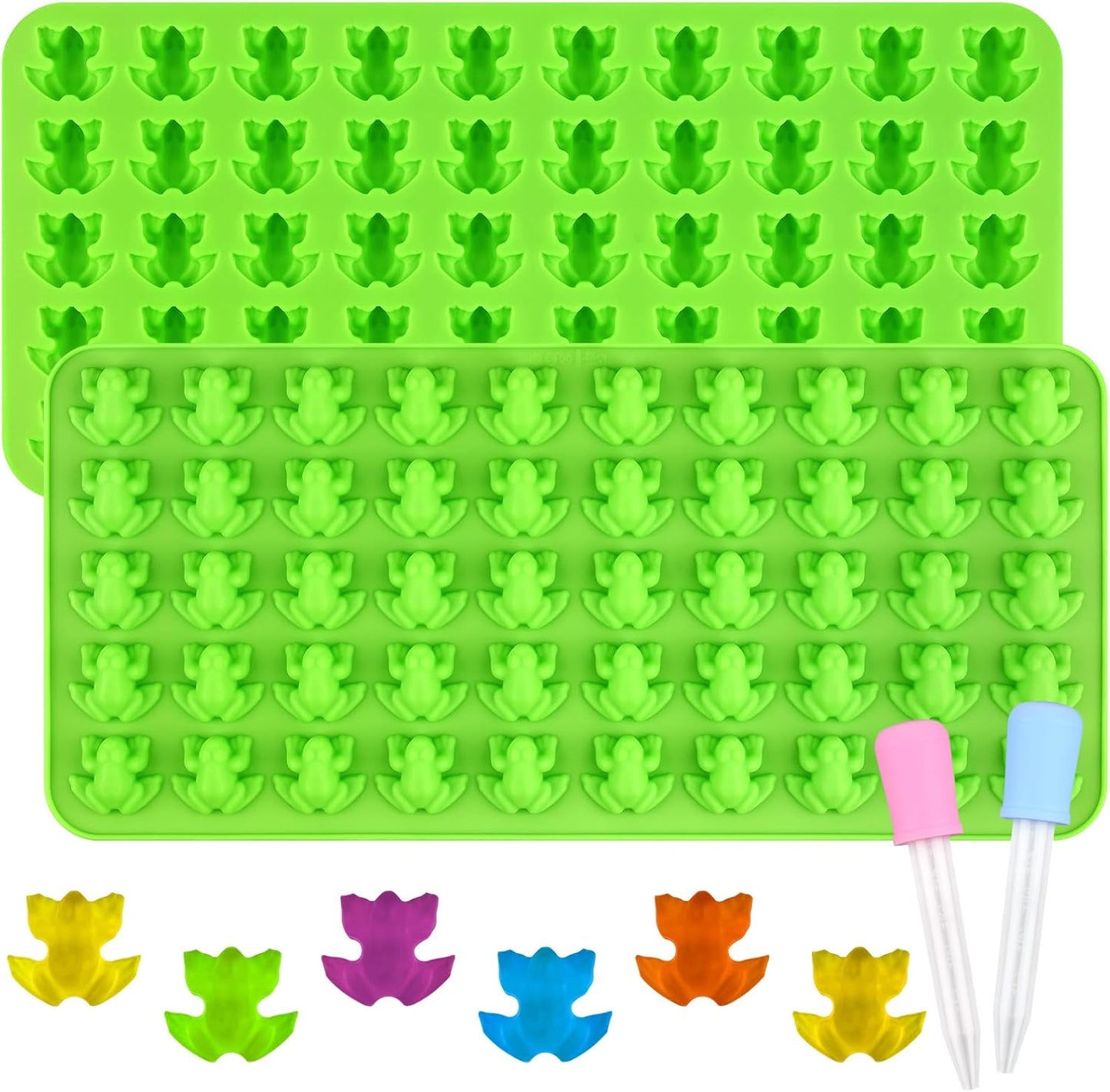 Sakolla Mini Frog Candy Molds Silicone, 100 Cavities Gummy Molds for Baking Hard Candy, Chocolate, Mint Candy, Set of 2 with 2 Droppers