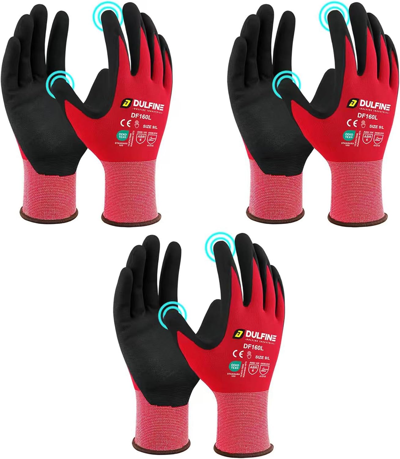DULFINE Safety Work Gloves MicroFoam Nitrile Coated-3 Pairs Pack,Red Seamless Knit Nylon Glove with Black Micro-Foam Nitrile Grip,Ideal for General Purpose,Automotive,Home Improvement,Painting(Large)