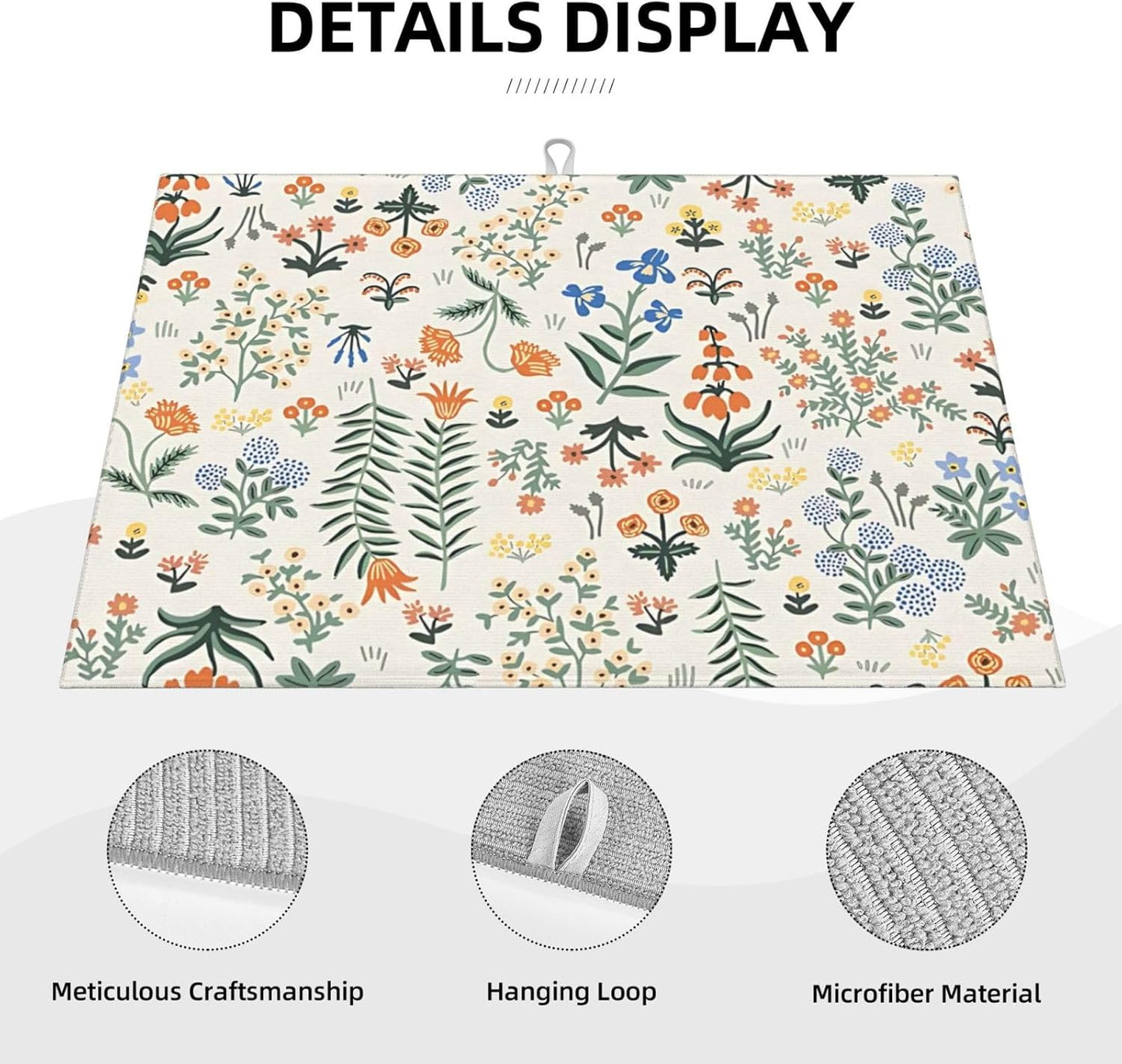 2Pcs Dish Drying Mats Faucet Mats Sets Large Size Coffee Mats Sink Faucet Mat Splash Guard for Kitchen Counter Bathroom Sink Coffee Bar Kitchen Decor (Wildflowers 2, 18"x24" 15" x 5.5"Set)