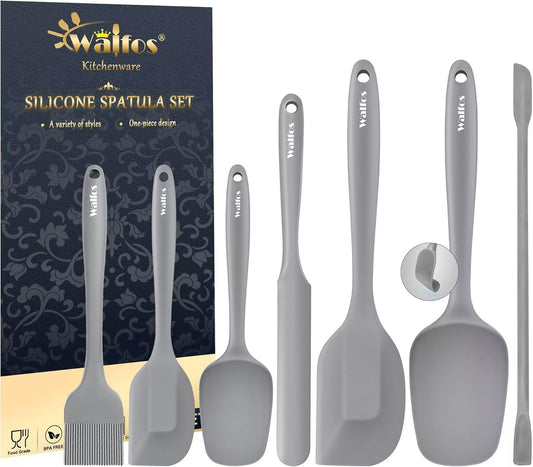 Walfos Silicone Spatula Set (7pcs) - 600℉ Heat Resistant Silicone Scraper Spatulas with Stainless Steel Core, Non Stick Flexible Rubber Spatula for Cooking, Baking and Mixing, Gray