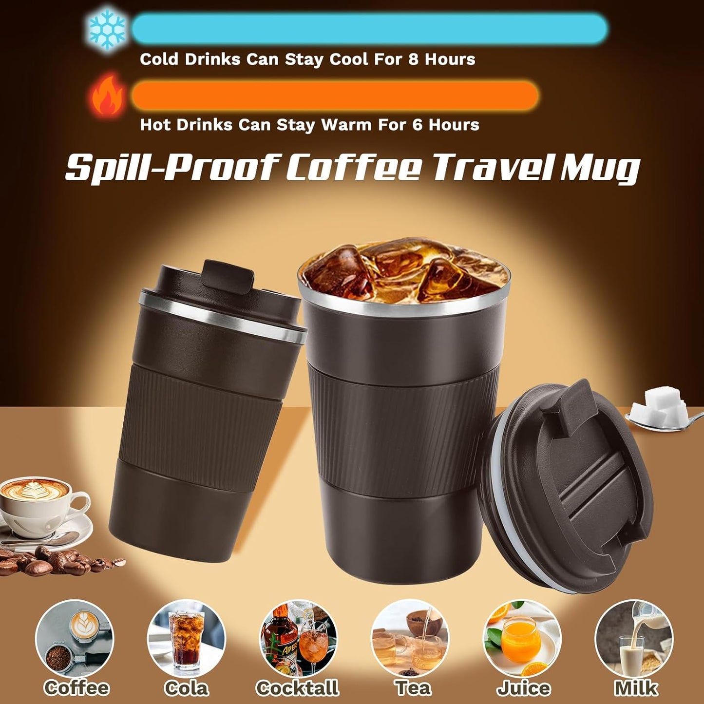 Vacuum-Insulated Stainless Steel Travel Coffee Mug, Leak-Proof Reusable Coffee Cup with Lid - Keep Hot & Cold Drinks for Hours, Durable Thermos Tumbler for Men & Women (3rd-Dark Coffee, 17OZ)