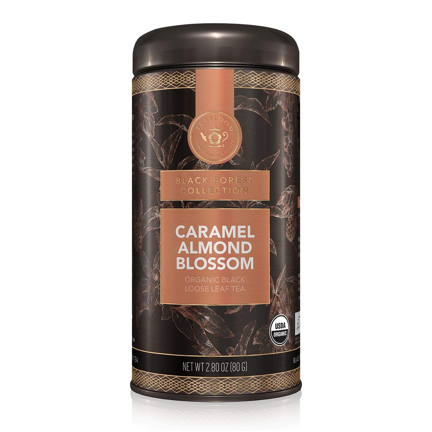Teabloom Organic Black Tea, Caramel Almond Blossom Loose Leaf Tea, Luxury Dessert Tea, USDA Certified Organic, Certified Kosher, 2.80 Ounce Canister Makes 35-50 Cups