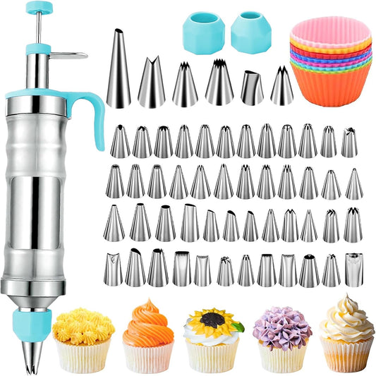 Suuker Dessert Decorating Syringe Set, Frosting Piping Kit Stainless Steels Cake Decorating Tools with 54 Piping Tips, 9 Silicone Baking Cups, Cupcake Decorating Kit