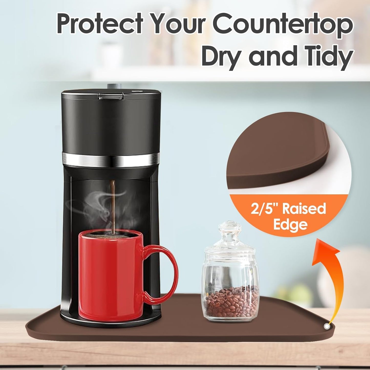 Silicone Coffee Maker Mat with Lip, 24'' x 16'' Heavy Duty Coffee Maker Mat for Countertops, Coffee Tray Fit Under Coffee Machine Appliance Automatic Machines Espresso Accessory, Brown