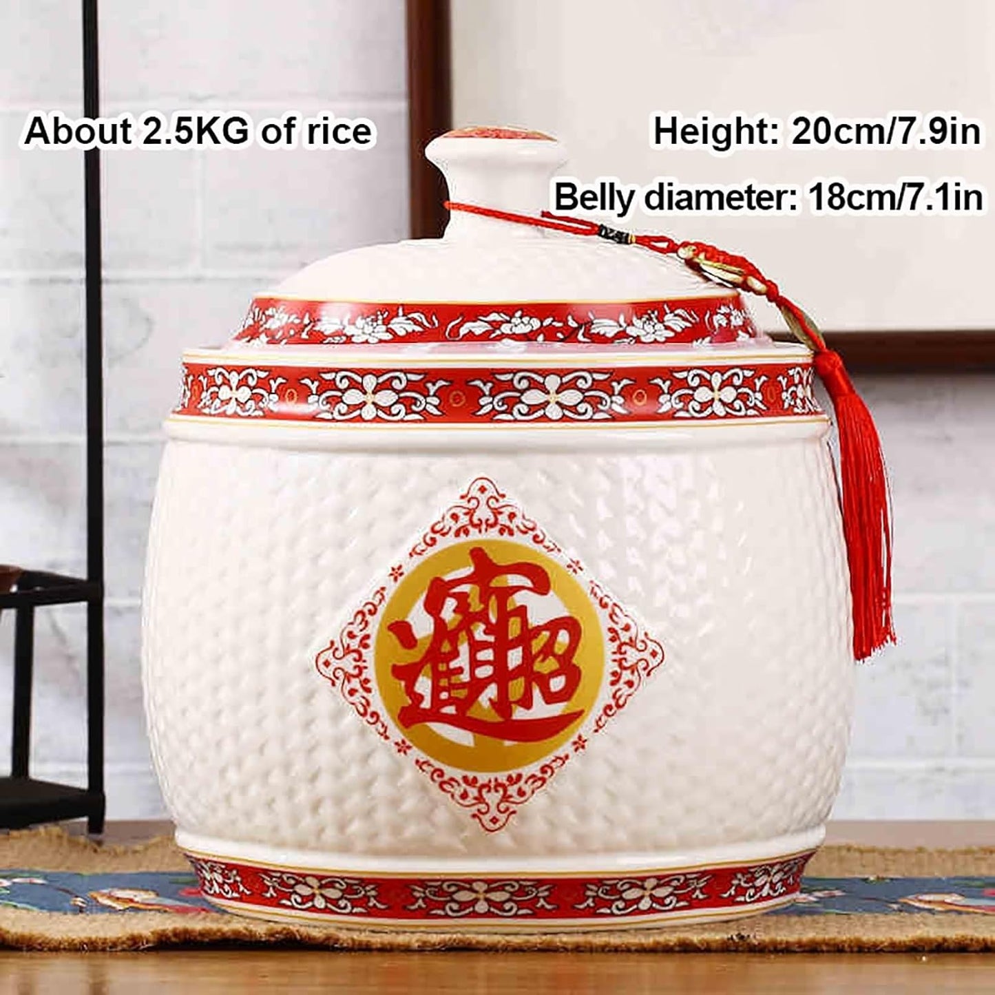 Chinese Sealed Large-Capacity Rice Pot, Ceramic Rice Bucket With Tassel Design, Grain Storage Ceramic Container, Rice Dispenser Airtight Storage Bucket For Grains Snacks Candy Coffee Beans Food(A,Capa