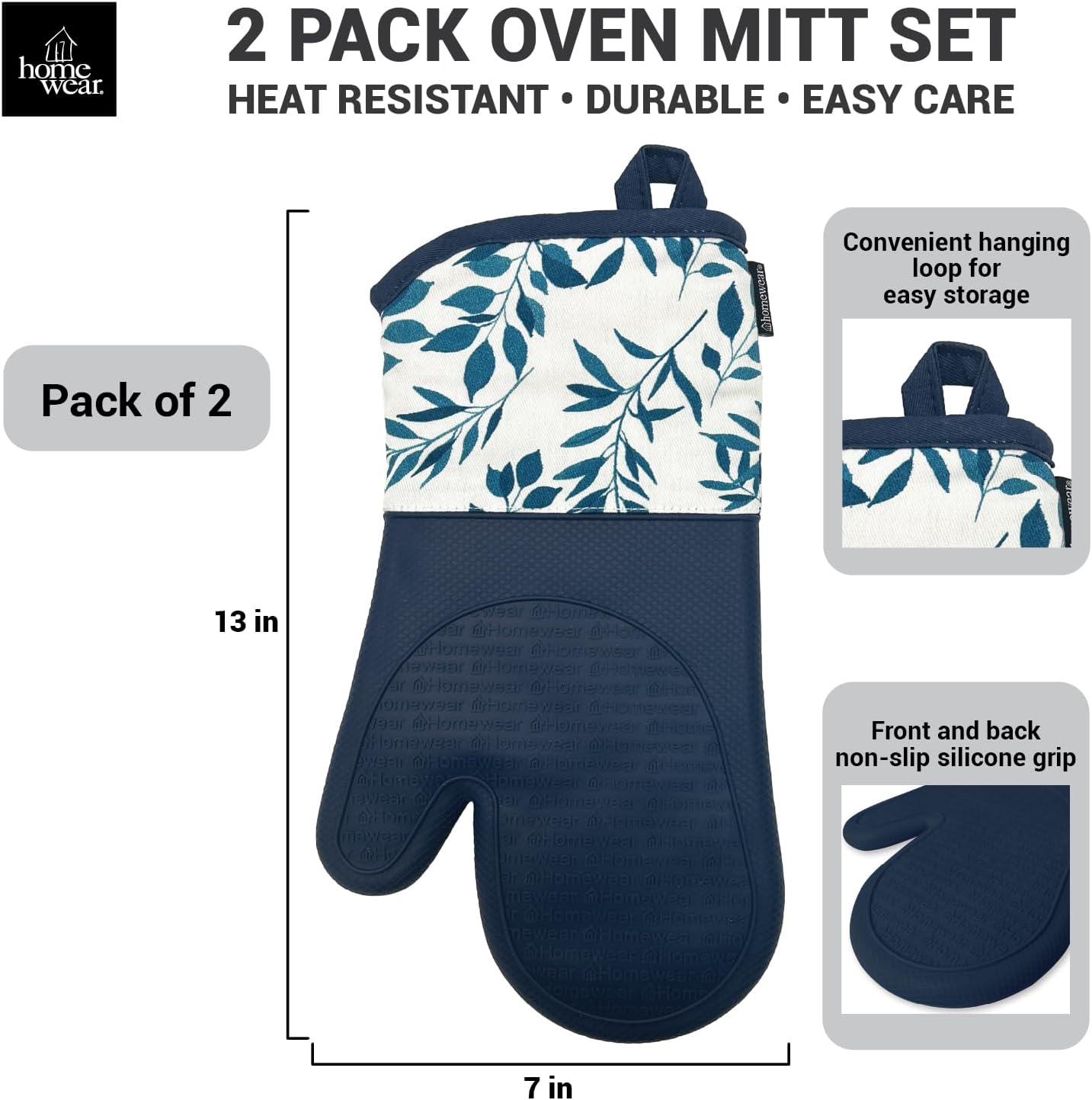 Delaney Silicone Oven Mitts Set - Extra Long, Heat Resistant Kitchen Gloves, Non-Slip Holders for BBQ, Baking, Cooking Essentials, Indigo Vines, Kitchen Decor, Oven Gloves, New Home Gifts