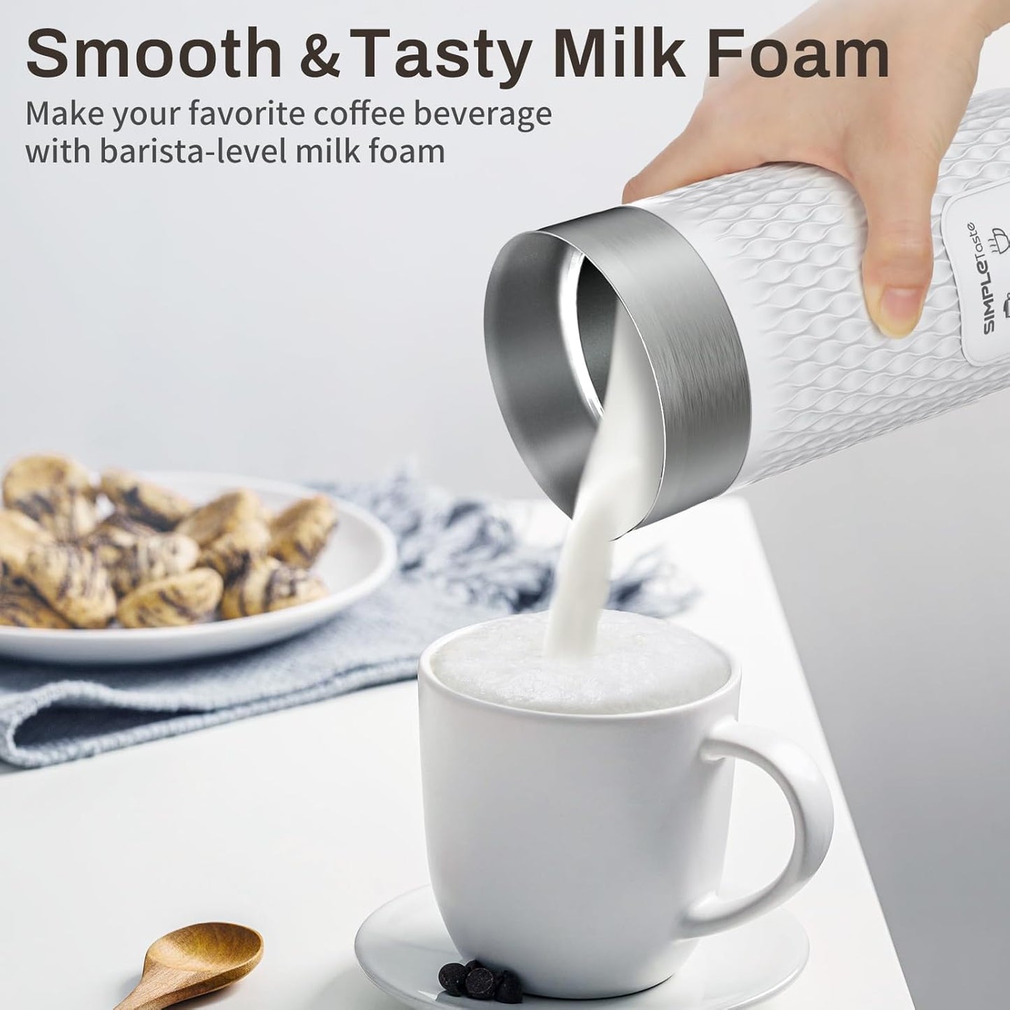 SIMPLETASTE Milk Frother, 4-in-1 Electric Milk Steamer, Automatic Warm and Cold Foam Maker and Milk Warmer for Latte, Cappuccinos, Macchiato