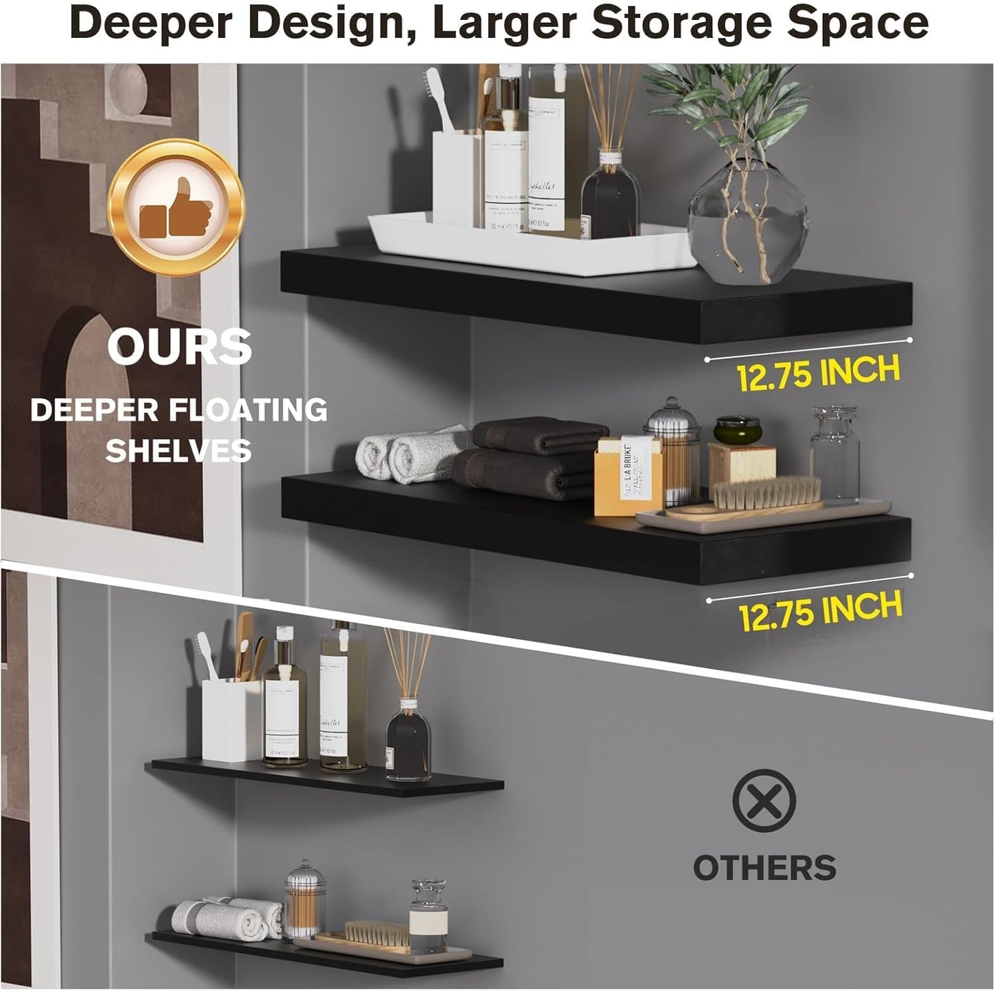 Floating Shelf, Set of 1 Wall Shelf, 36 in W x 12.75 in D x 2 in H Wooden Floating Wall Shelf with Invisible Brackets for Living Room/Bedroom/Bathroom/Kitchen Storage and Decor, Black