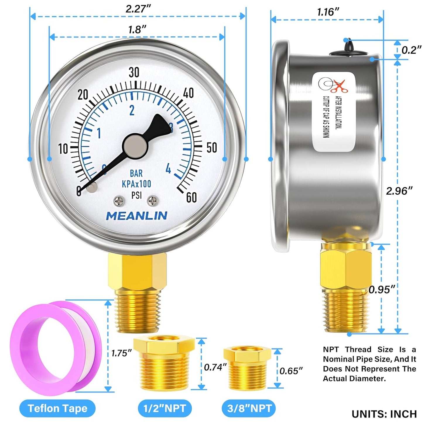 MEANLIN MEASURE 0~60Psi Dry Pressure Gauge Stainless Steel 1/4" NPT 2" FACE DIAL Waterproof for Pool Filter Pump Oil Air Compressor Tire Pressure Tester Lower Mount with 1/2" NPT and 3/8" NPT Hex Bush
