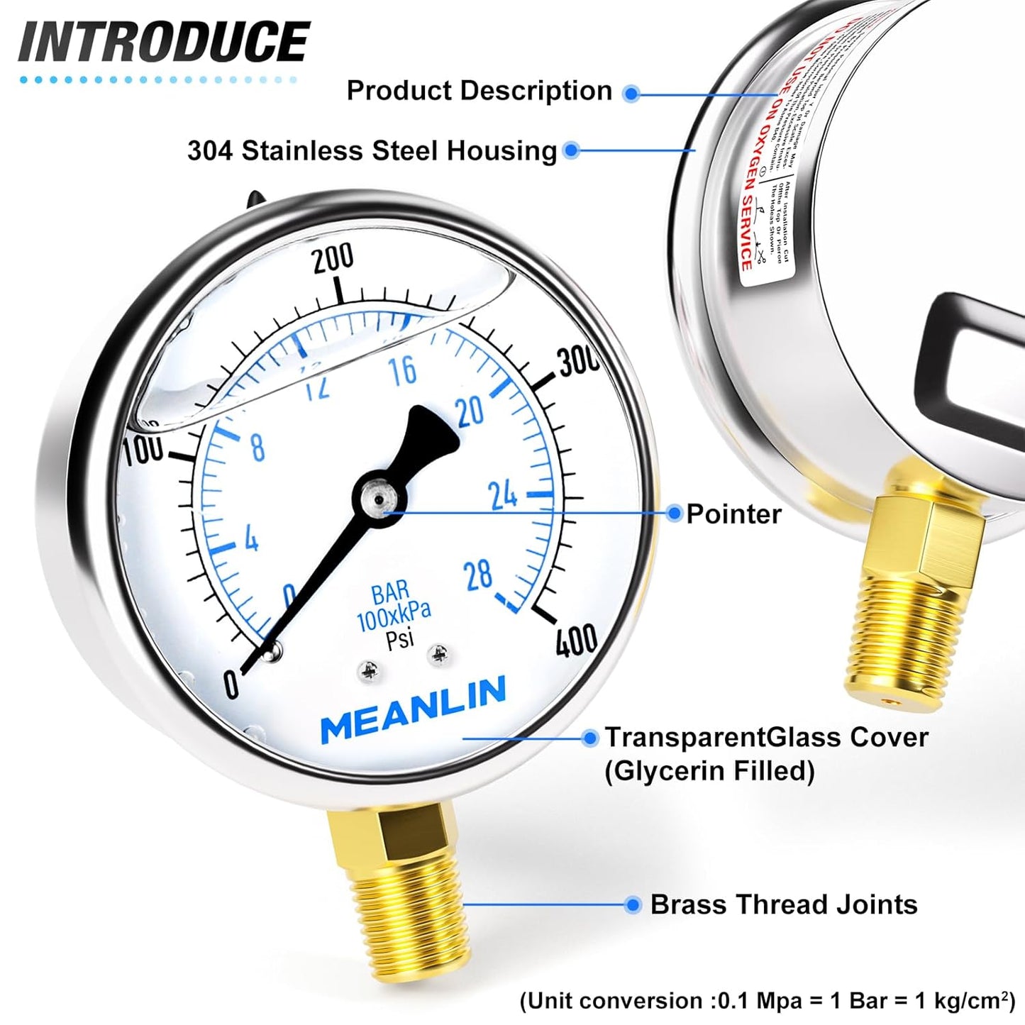 MEANLIN MEASURE 0~400Psi Stainless Steel 1/4" NPT 2.5" FACE DIAL Liquid Filled Pressure Gauge WOG Water Oil Air Lower Mount, with 1/4" x 1/2" NPT and 1/4" x 3/8" NPT Hex Bushing