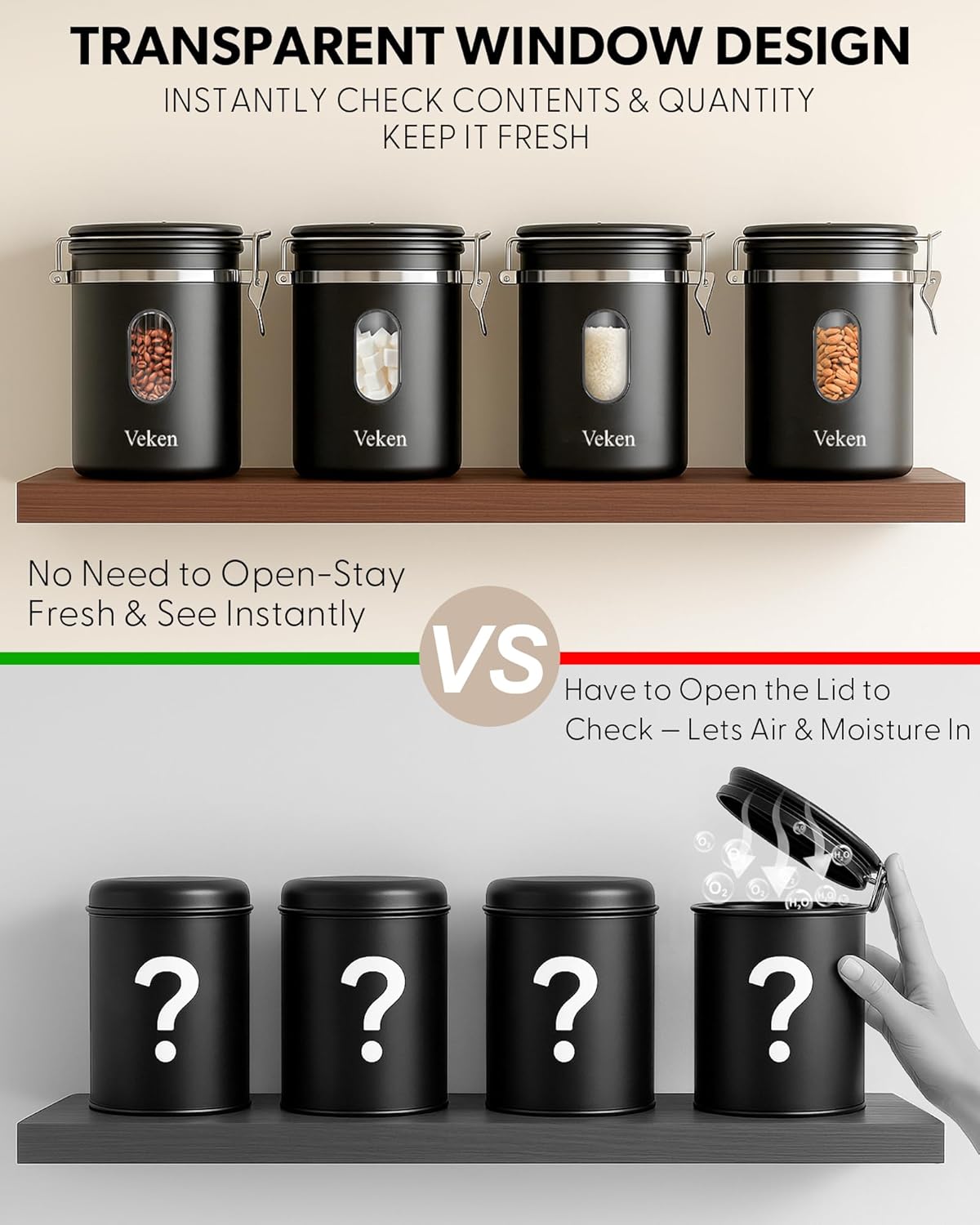 Veken Coffee Canister with Window,Airtight Stainless Steel Container,Home Kitchen Food Storage Organizers for Grounds,Beans,Espresso,Rice,Tea,Sugar,Flour, Cereal,Scoop,Bar Accessories,Gifts,22OZ,Black