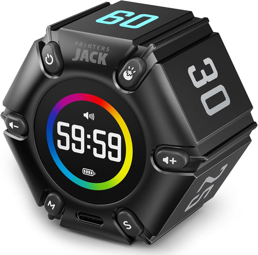 Jack Pomodoro Timer - Productivity Cube, Visual Focus Timer, Mute & Vibration & Adjustable Sound Alert, for Office, ADHD, Study, Work, 3/5/10/25/30/60min & Custom Countdown - Black