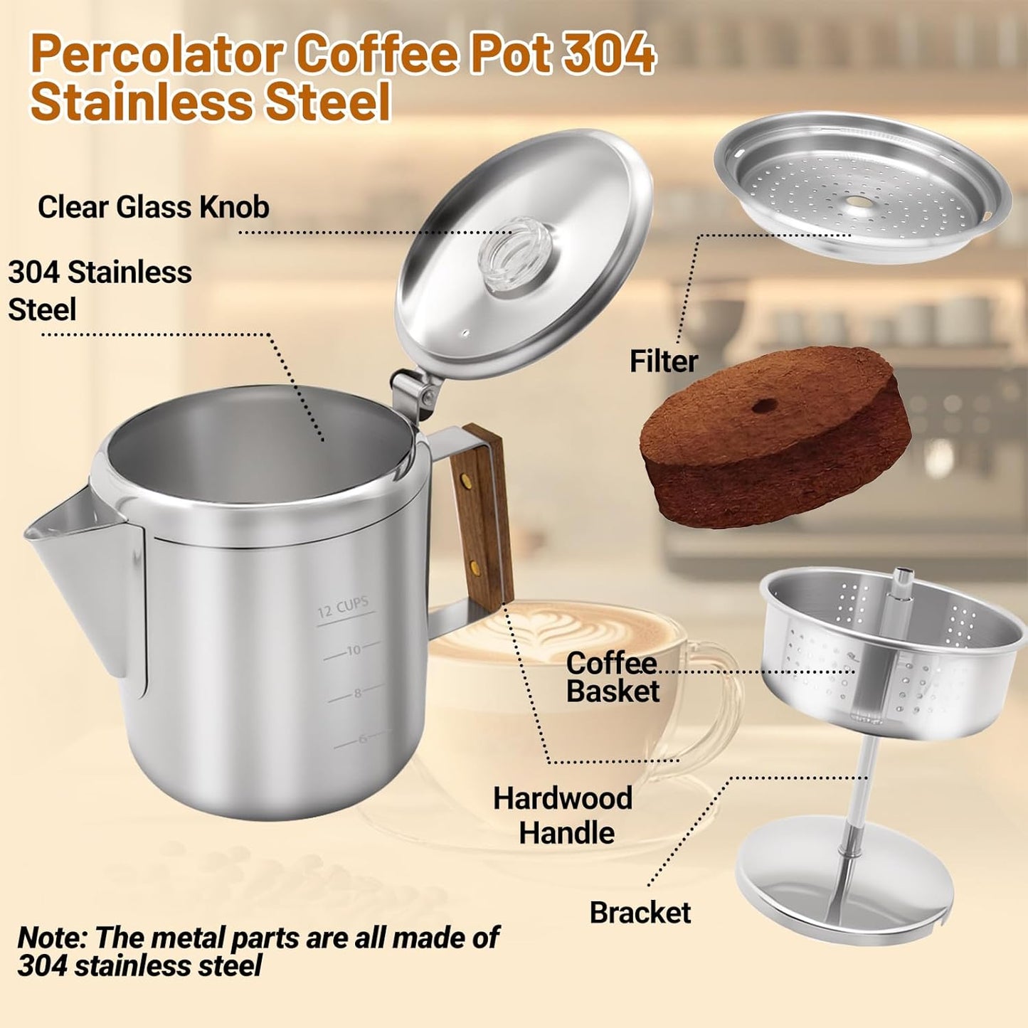 No Coating 12 Cup Percolator Coffee Pot 304 Stainless Steel Moka Pot Stovetop Espresso Maker Italian Greca Cuban Machine 2200ml 74.4oz Suitable for Gas Induction Stovetop Camping Kettle