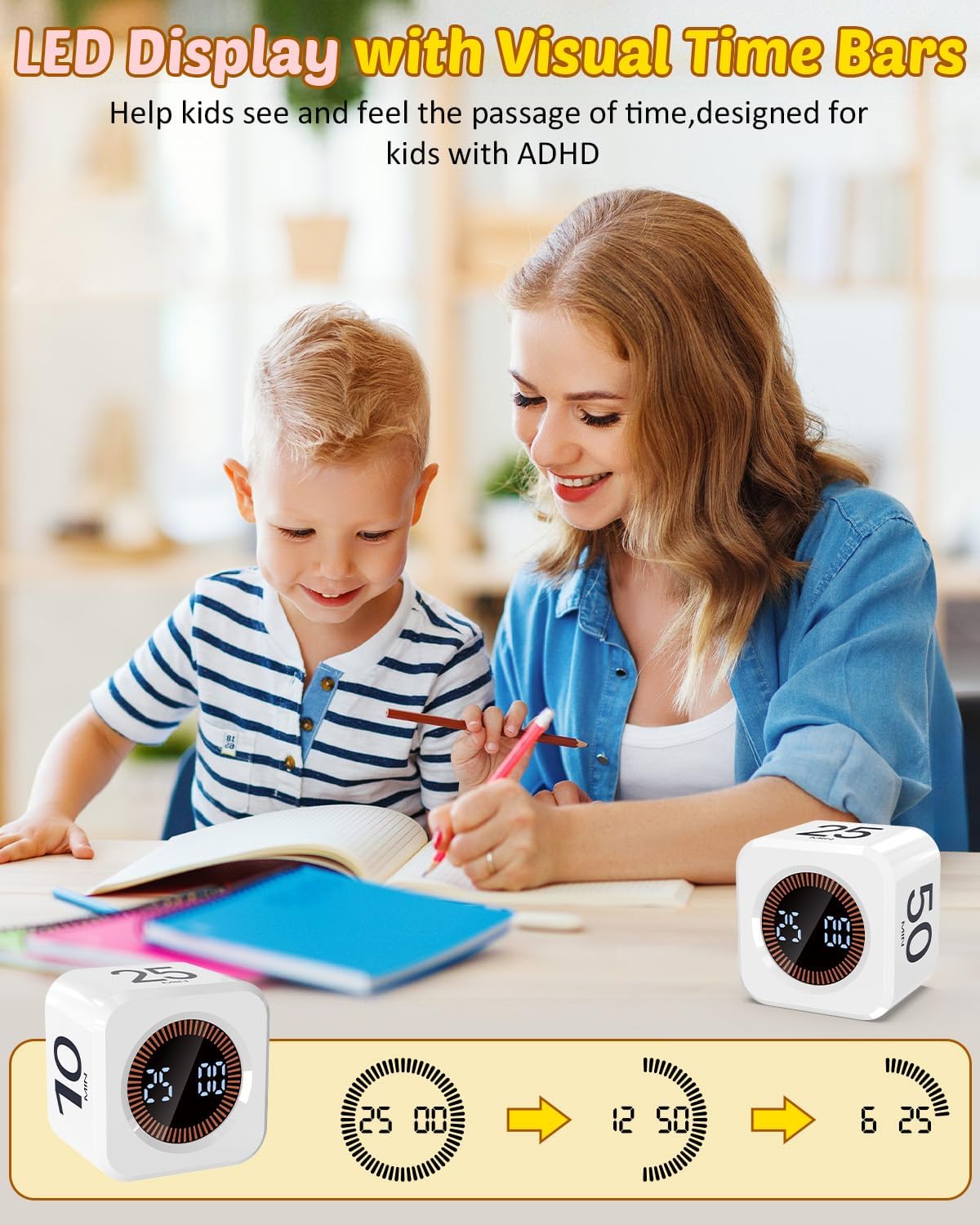 Pomodoro Timer Cube Visual Productivity Flip Timer for Kids Classroom Desk, 5/10/25/50min& Custom Countdown, Silent&Sound Mode Digital Cube for ADHD Study Work School Game Kitchen (White)