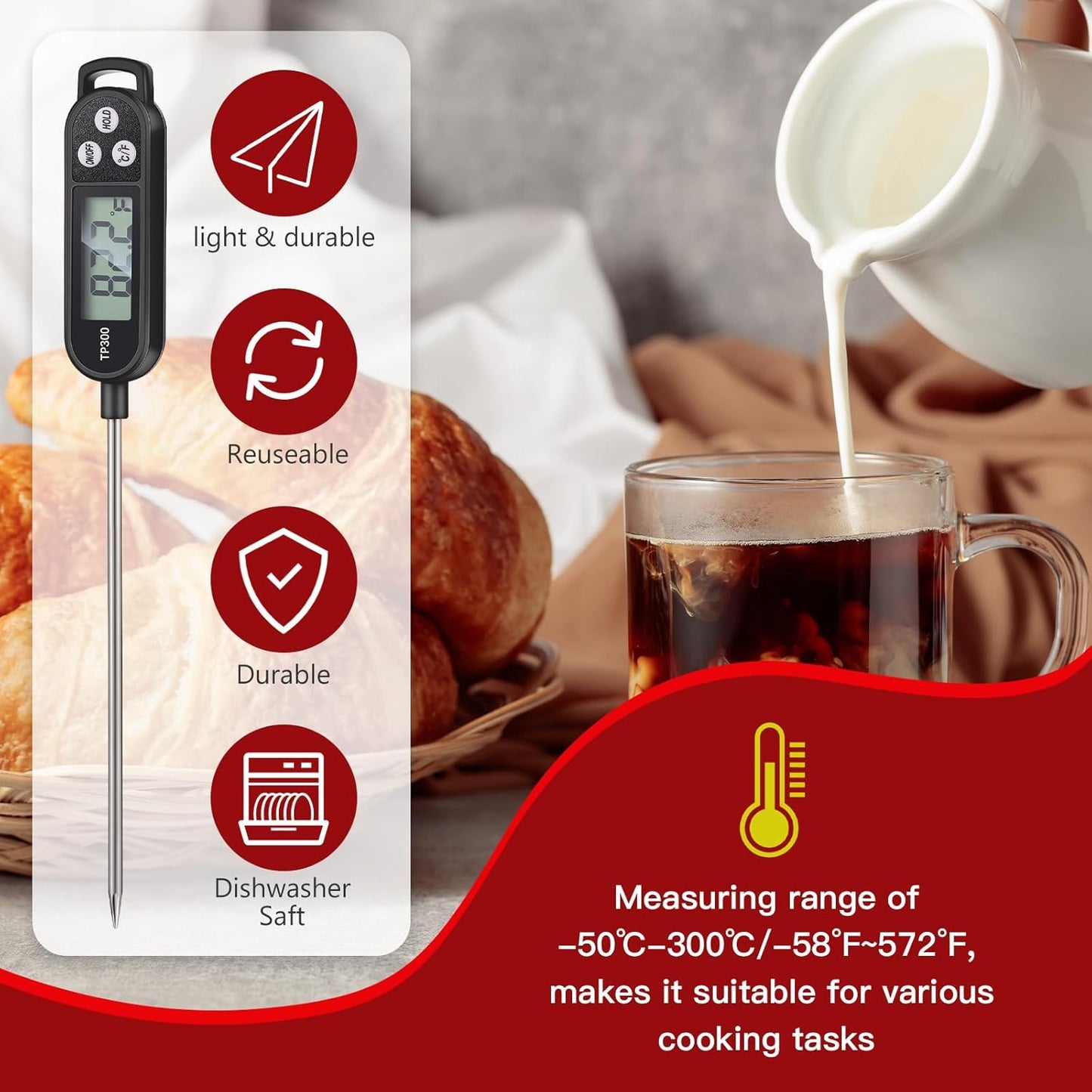 Meat Food Thermometer Food with Probe Water Liquid Instant Read Digital Thermometer Kitchen Cooking Supplies for Cooking BBQ Milk Yogurt (Black)