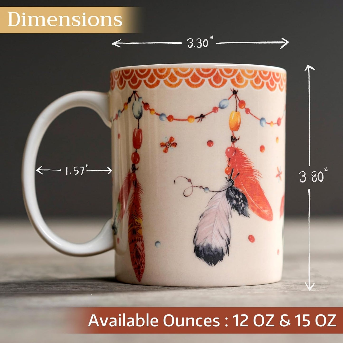 Maison d' Hermine Coffee Mug with Handles Fine Bone China Mugs Pack of One Tea Cups for Hot Beverages Cappuccino Latte Home Restaurant Office Perfect for Gift (Ibiza - Beige - Feather, 15 Ounce)