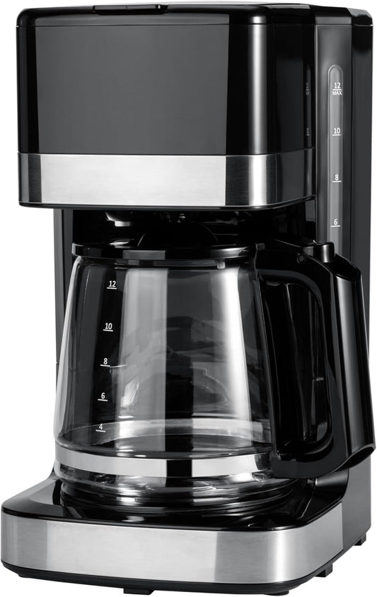 Amazon Basics 12 Cup Drip Coffee Maker, Coffee Machine with Glass Coffee Pot (1.9 Qt), Auto Shut-off, Auto Pause, Removable Filter Basket, Black & Silver