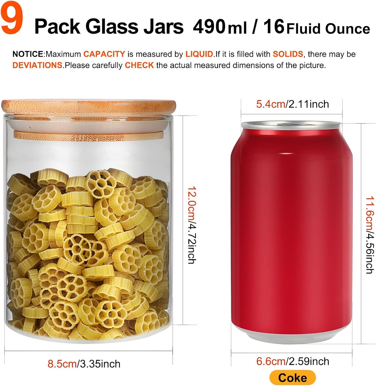 Glass Food Storage Containers Jars with Airtight Bamboo Lid 16 oz 9 pcs, 490 ml Pantry Organization Jar, Glass Terrarium with Lid, Spice, Flour and Sugar Container, Canister Set for Kitchen Counter