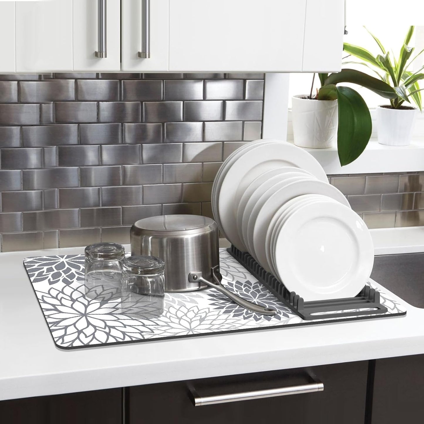 Findosom 2PCS 12" x 20" Dish Drying Mat & 24" x 5.5" Sink Splash Guard, Super Absorbent & Cuttable Dish Mat Drying Kitchen Mat with Gray Floral, Hide Stain Drying Mat for Kitchen Counter